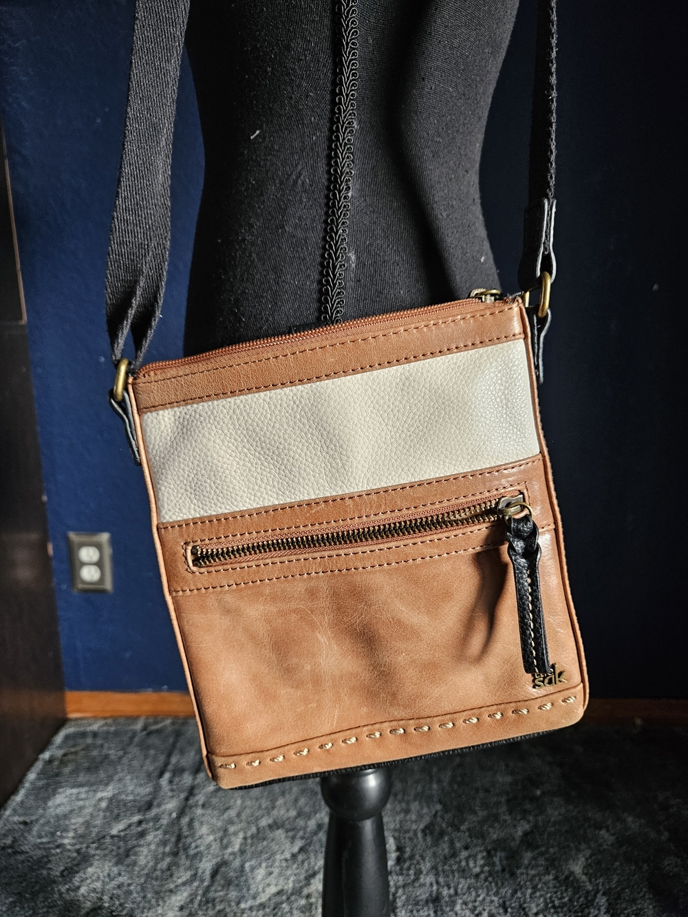 The Sak Tan and Cream Crossbody Messenger with Black Strap
